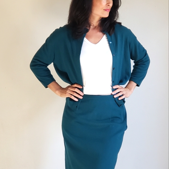 Dresses & Skirts - 1950s 1960s Vintage Teal Sweater Knit Skirt Set Bullocks Wilshire Scotland